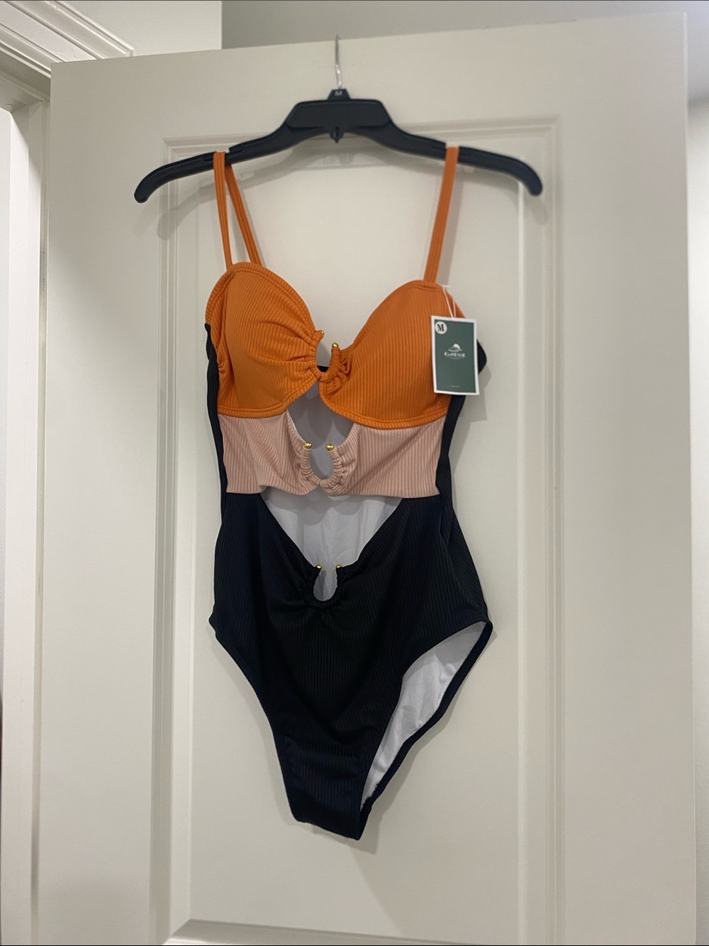 Colorblock Cutout One-Piece Swimsuit - Orange, Blush & Black